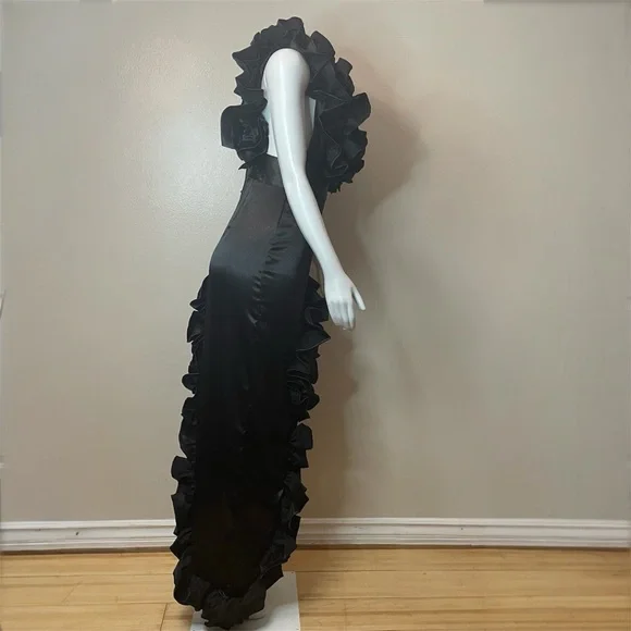 Black satin deep V-neck high low ruffle dress - Picture 9 of 13